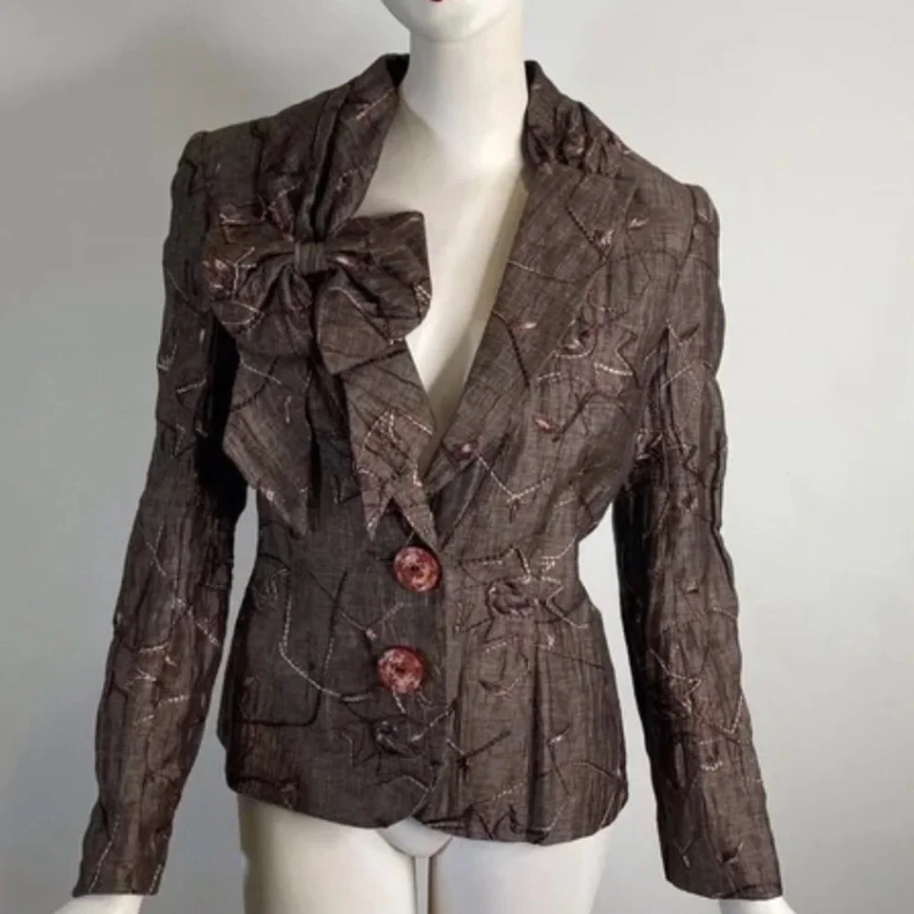 Scrumptious Vintage MARA KHODARA Embroidered Jacket w/ Statement Bow Brown Sz 4